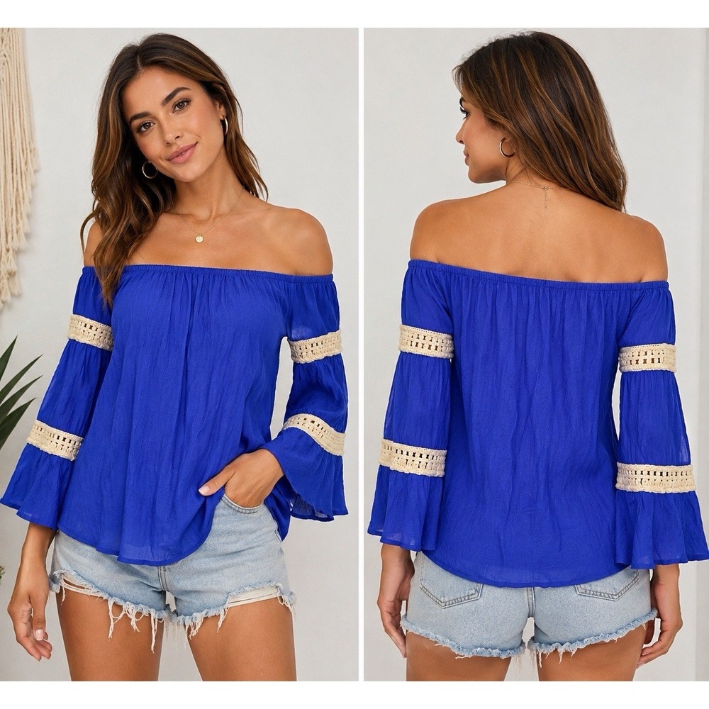 VaVa‎ by Joy Han Off Shoulder Bell Sleeve Blouse Women's XS Blue Boho Crochet